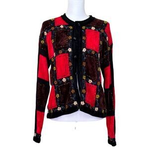 Just B velour/velvet patchwork embroidered sweater, medium, colorful, festive
